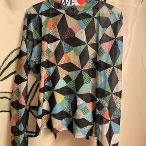 Another Girl Mesh Colorful Geometric Long Sleeve Mock Turtleneck Top